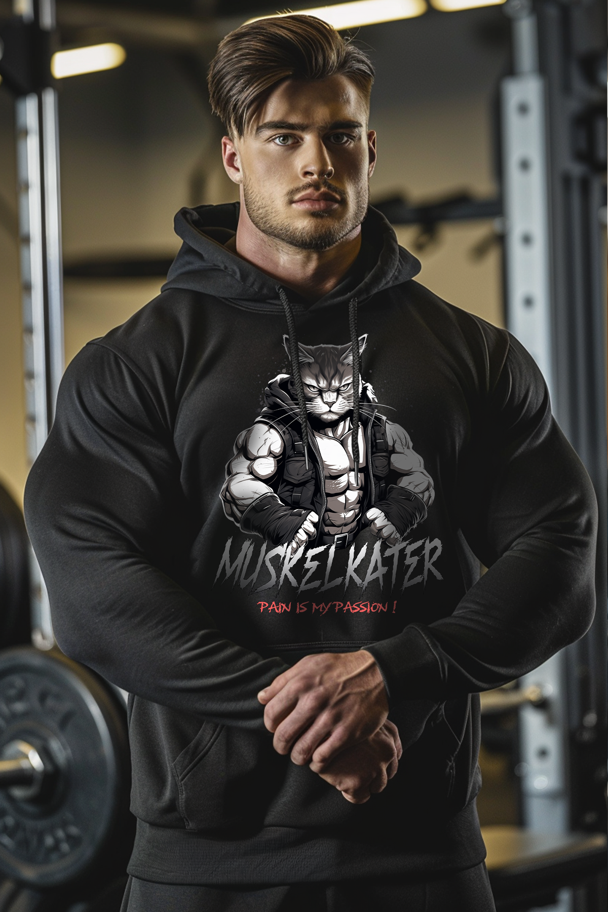 Hoodie in der Farbe Schwarz. Der Hoodie ist in den Größen S bis 4XL erhältlich. Der Stoff ist aus Heavy Cotton und hat ein Gewicht von 280 GSM. Er besteht aus 80 % Baumwolle und 20 % Polyester. Der ideale Hoodie für alle Bodybuilder und Kraftsportler. Wir verwenden eine umweltfreundliche Verpackung.