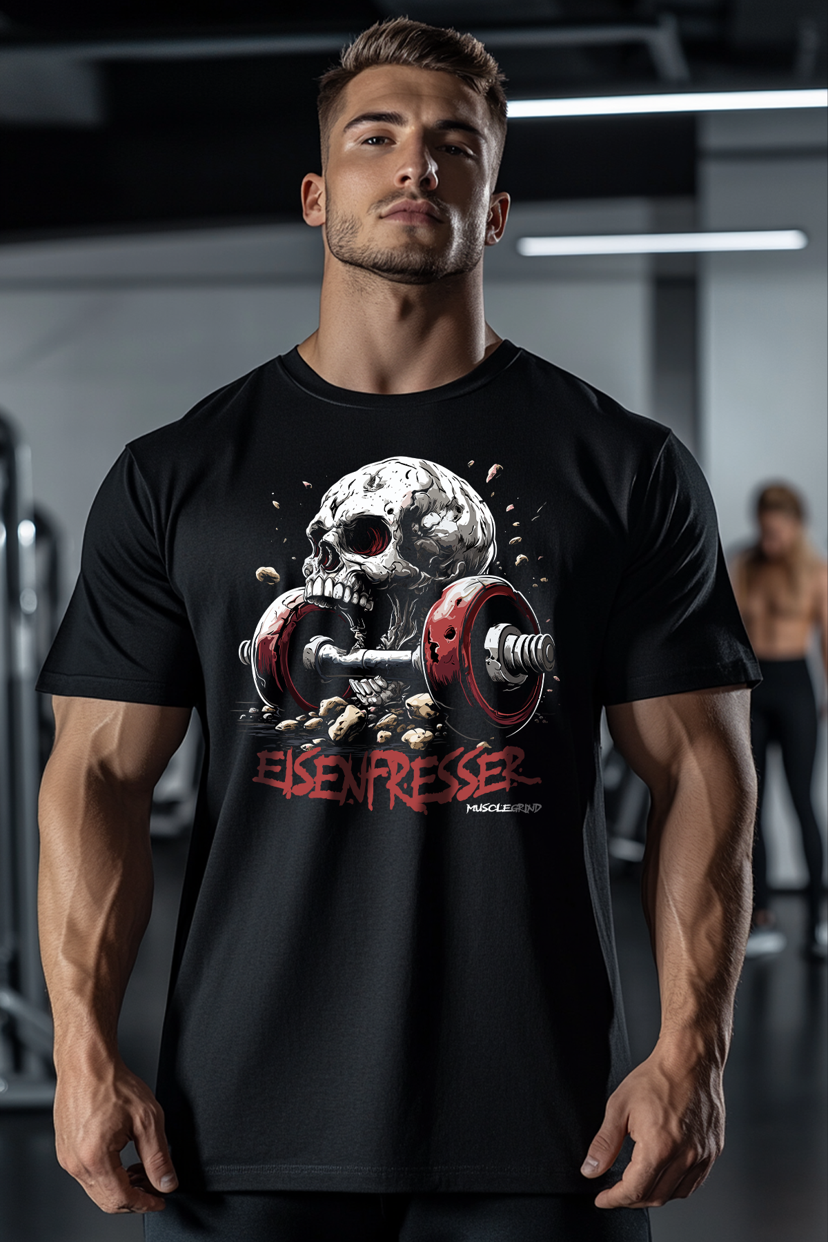 T-SHIRT in der Farbe Schwarz. Das Shirt ist in den Größen XXS bis 5XL erhältlich. Der Stoff hat ein Gewicht von 180 GSM und ist aus 100 % gekämmter, ringgesponnener Bio-Baumwolle. Das ideale T-Shirt für alle Bodybuilder und Kraftsportler.
